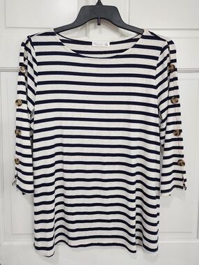 89th & Madison Navy and White Striped Button-Sleeve Tunic. 1X